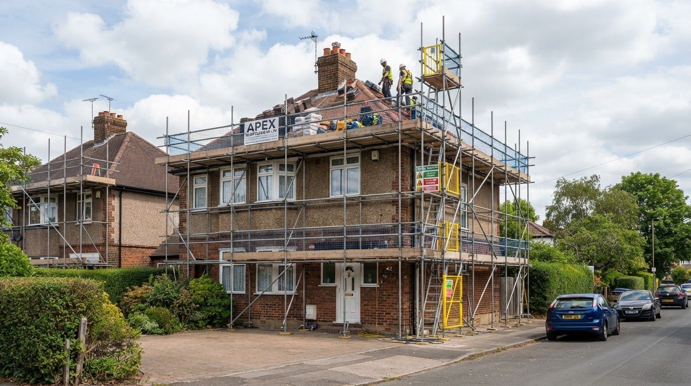Scaffolding around a house for roof work